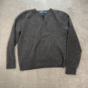 Polo Ralph Lauren 100% Lambs Wool V-Neck Sweater Large Gray Green Horse